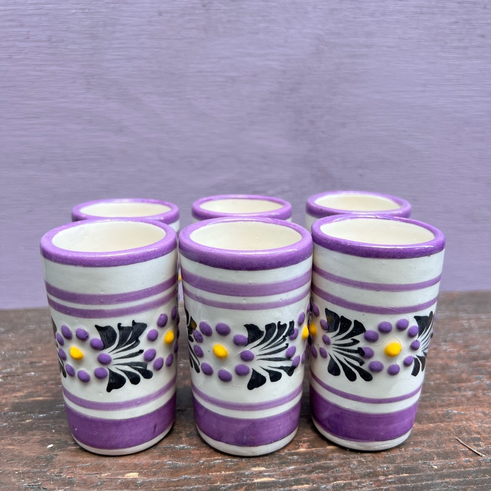 Set of 6 Purple and White Ceramic Shot Glasses/Tequileros.